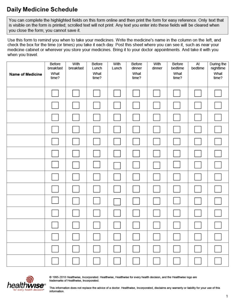 Daily Medication Schedule Spreadsheet Regarding 40 Great Medication Schedule Templates +Medication Calendars
