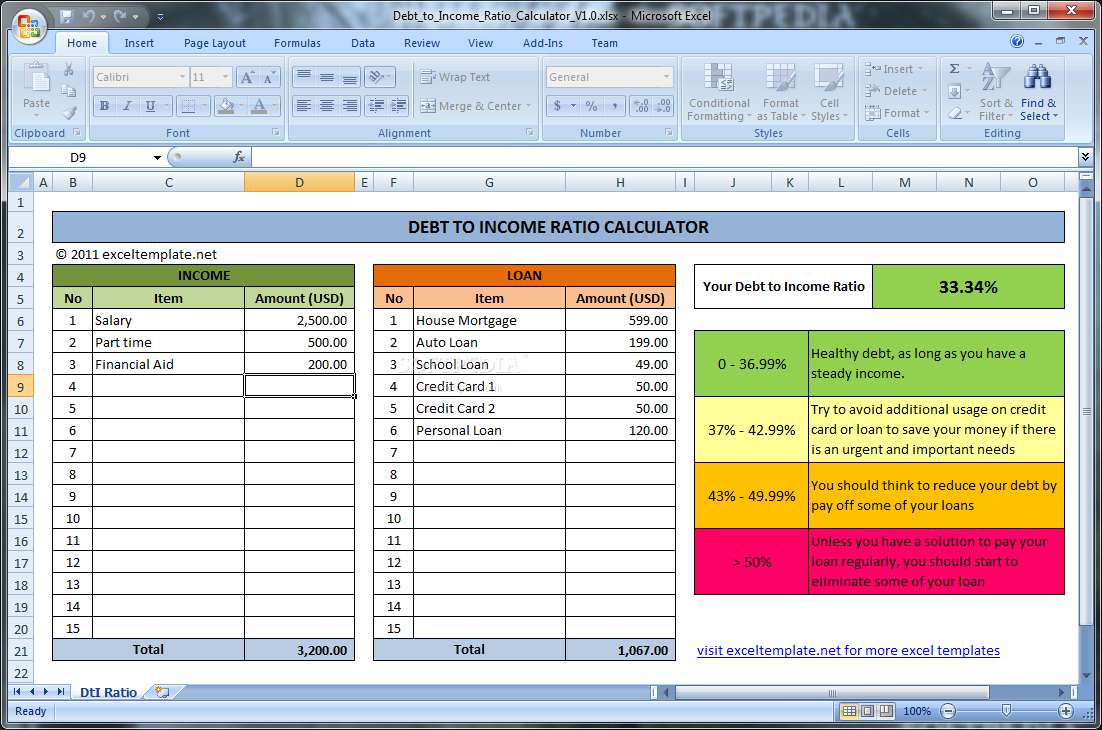 Debt To Income Ratio Spreadsheet Throughout Download Debt To Income Ratio Calculator 1.0