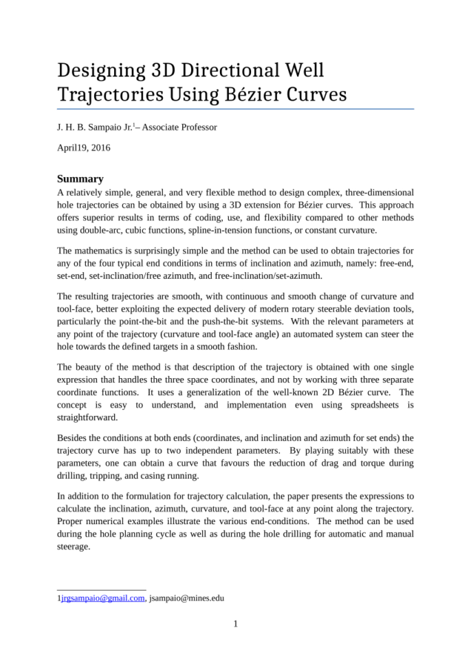 Directional Drilling Calculation Spreadsheet In Pdf Designing 3D Directional Well Trajectories Using Bezier Curves