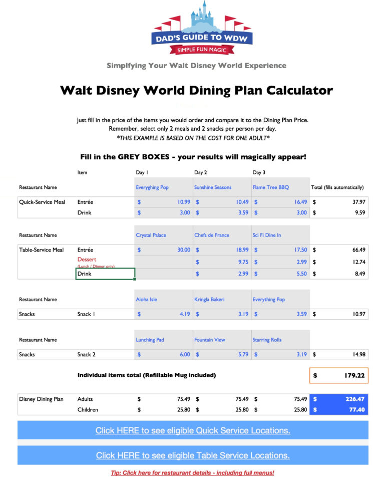 Disney Planning Spreadsheet Download Regarding Disney Dining Plan Calculators