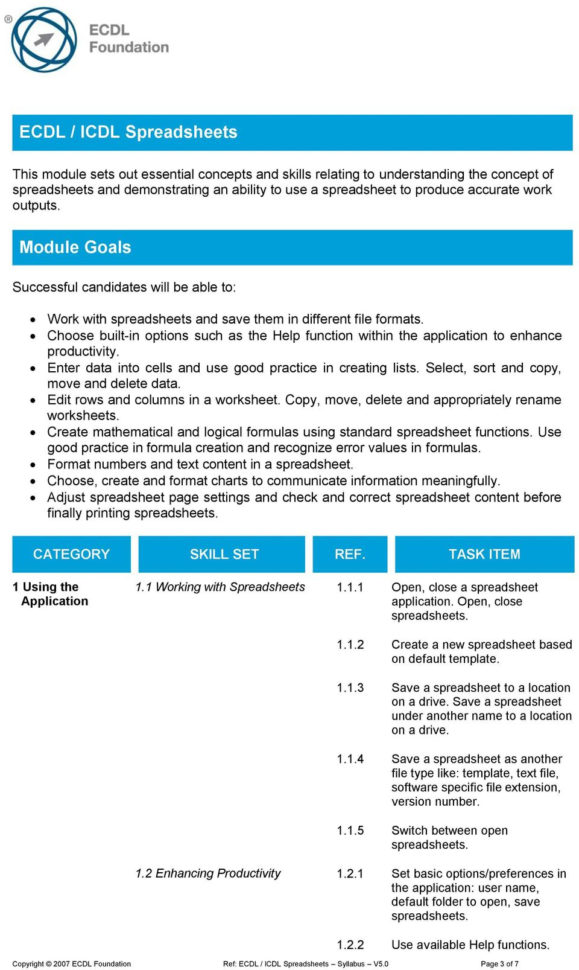 Ecdl Spreadsheet Regarding Ecdl / Icdl Spreadsheets Syllabus Version ...