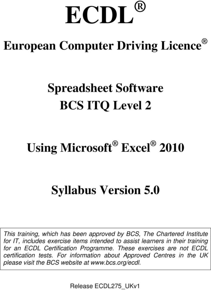 Ecdl Spreadsheet Test Regarding Ecdl. European Computer Driving Licence. Spreadsheet Software Bcs