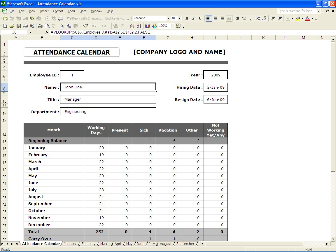 Employee Attendance Spreadsheet Inside Attendance Calendar  Excel Templates