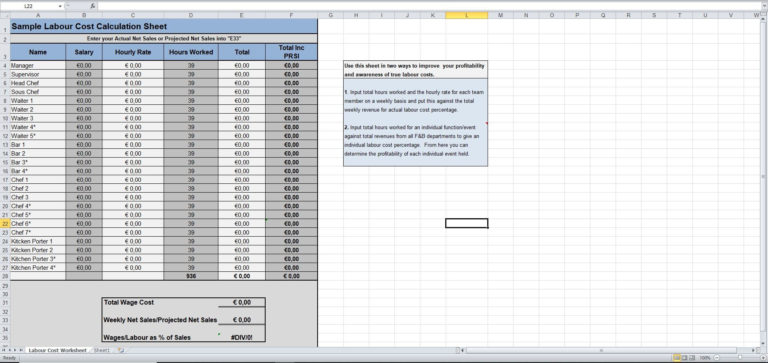 Employee Labor Cost Spreadsheet inside Labour Cost Calculation Excel