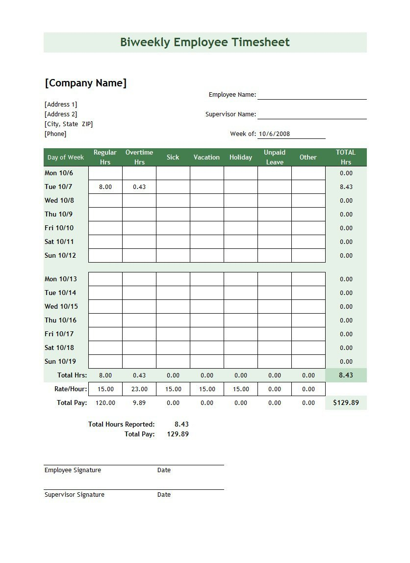 Employee Timesheet Template Excel Spreadsheet Within 40 Free Timesheet / Time Card Templates  Template Lab