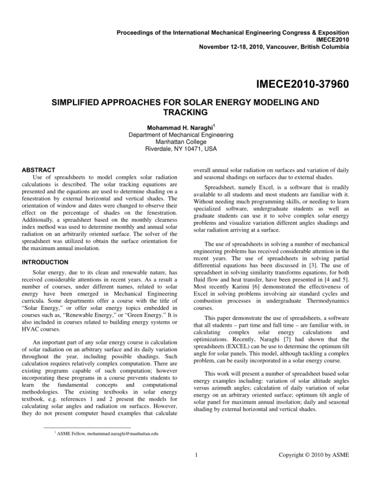 Energy Tracking Spreadsheet In Pdf Simplified Approaches For Solar Energy Modeling And Tracking