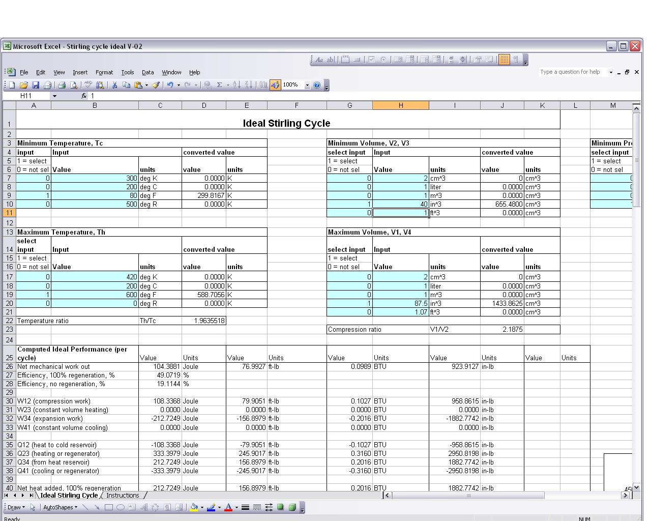 Engine Build Spreadsheet Inside Ideal Stirling Cycle Spreadsheet