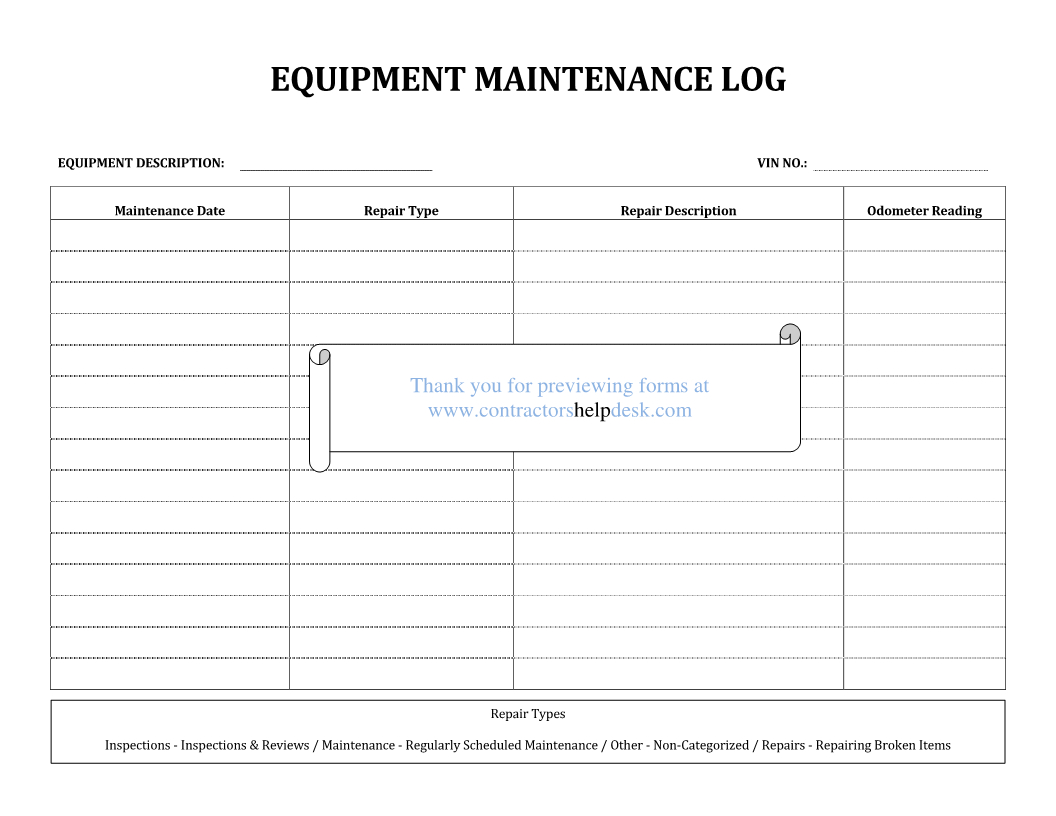 Equipment Maintenance Tracking Spreadsheet Intended For Example Of Maintenance Tracking Spreadsheet Equipment Log Preview