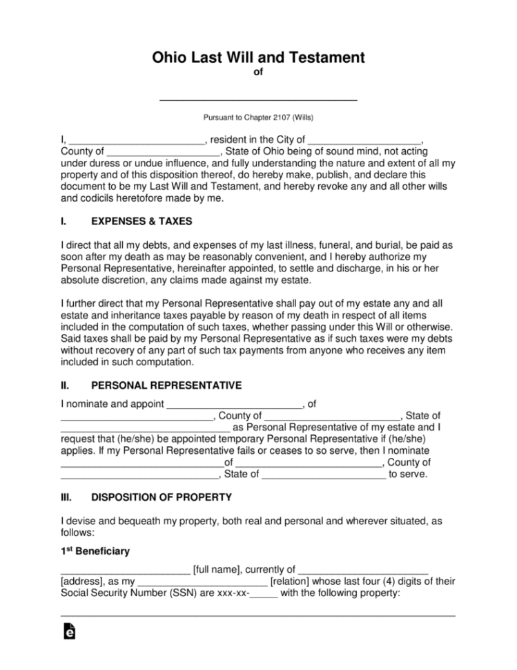 Estate Executor Spreadsheet Template Regarding Free Ohio Last Will And Testament Template  Pdf  Word  Eforms