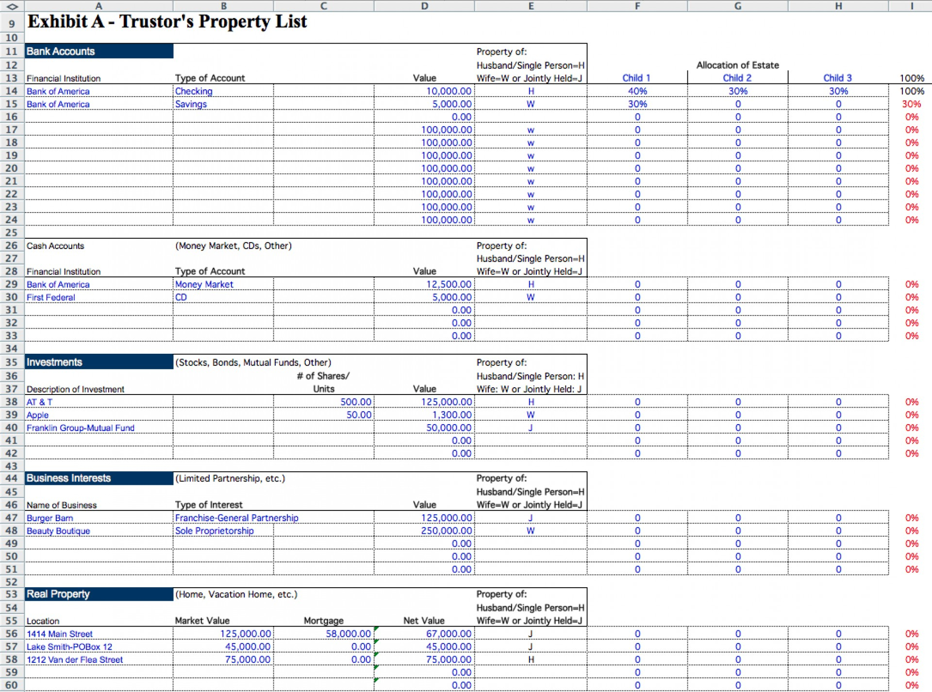 Estate Executor Spreadsheet —