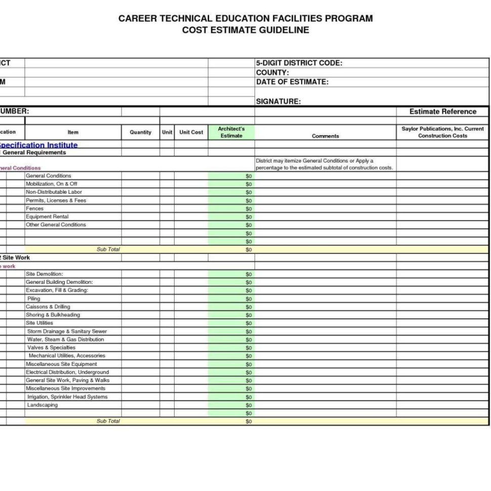 Estimating Spreadsheets Free Download regarding Estimate Format In ...