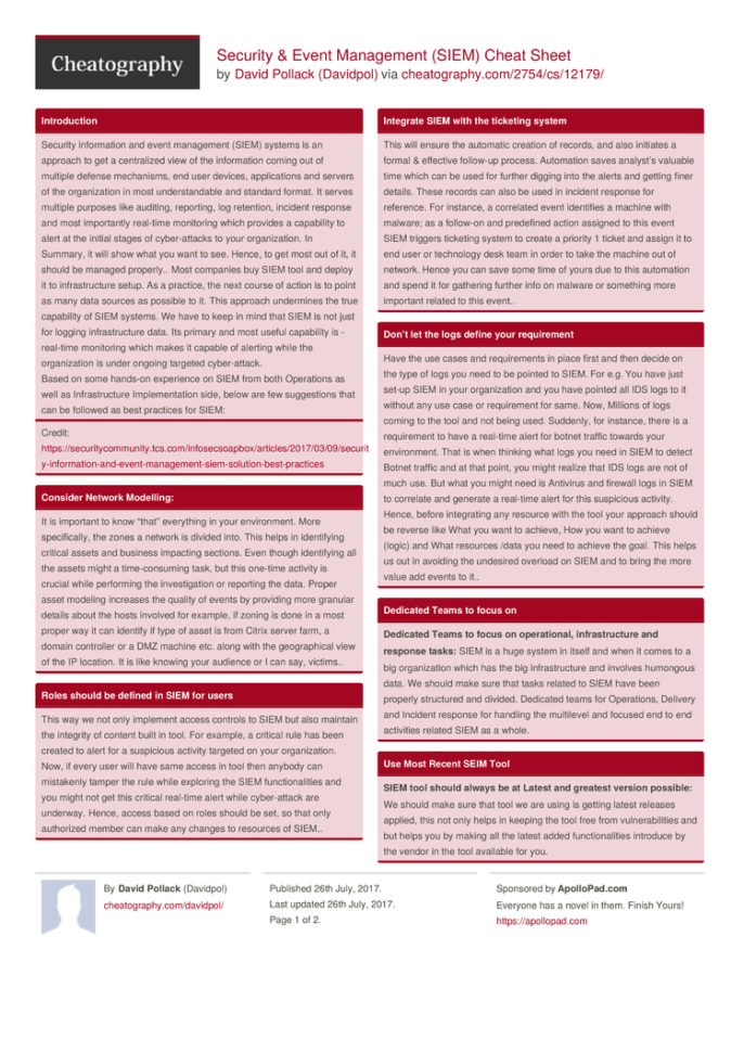 Event Management Spreadsheet Pertaining To Security  Event Management Siem Cheat Sheetdavidpol