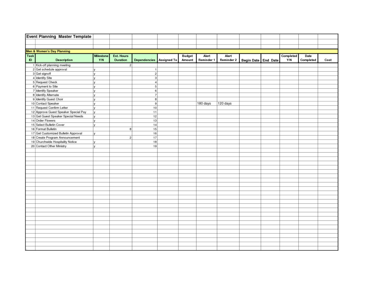 party planning excel spreadsheet