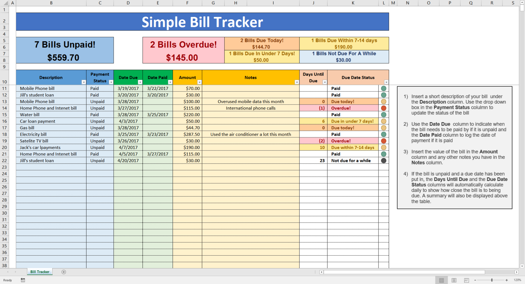 Excel Spreadsheet For Bill Tracking within Bill Tracking Spreadsheet