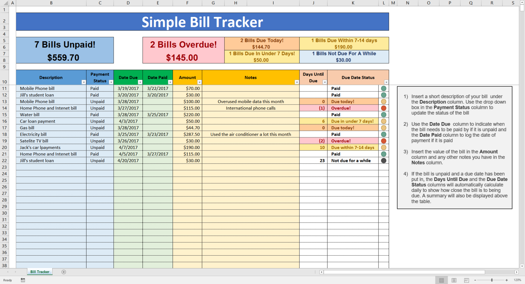 need an excel spread sheet for doing bills