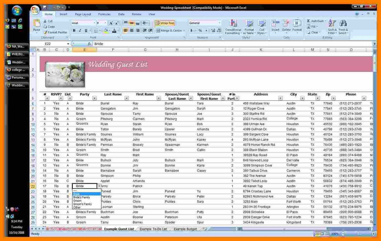 Excel Spreadsheet For Wedding Guest List Regarding Sampleding Guest List Spreadsheet Example Excel As Software How To