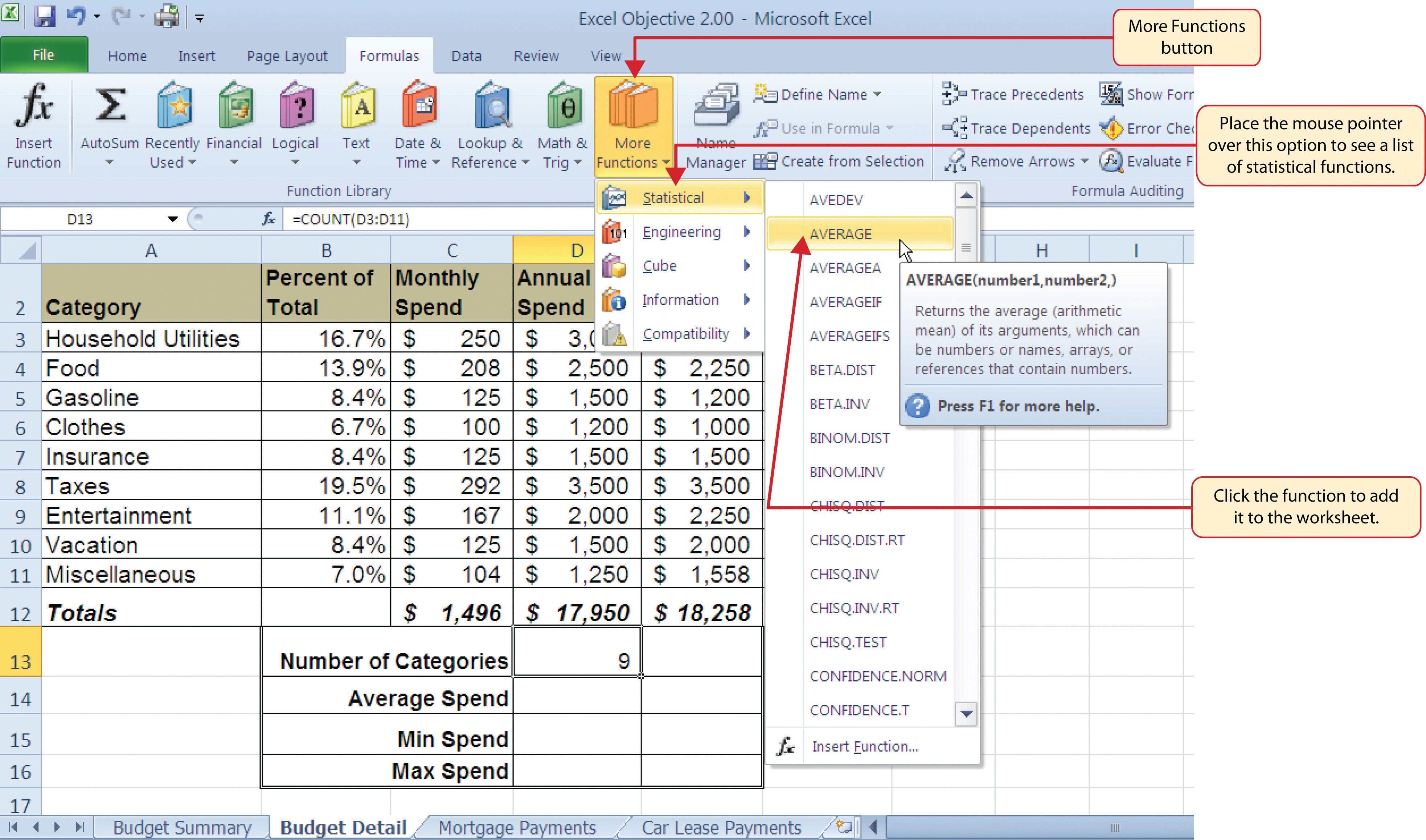 Excel Spreadsheet Functions With Statistical Functions