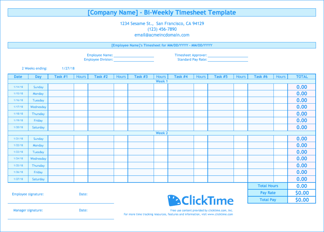 Excel Spreadsheet Template For Timesheet Intended For Biweekly Timesheet Template  Free Excel Templates  Clicktime
