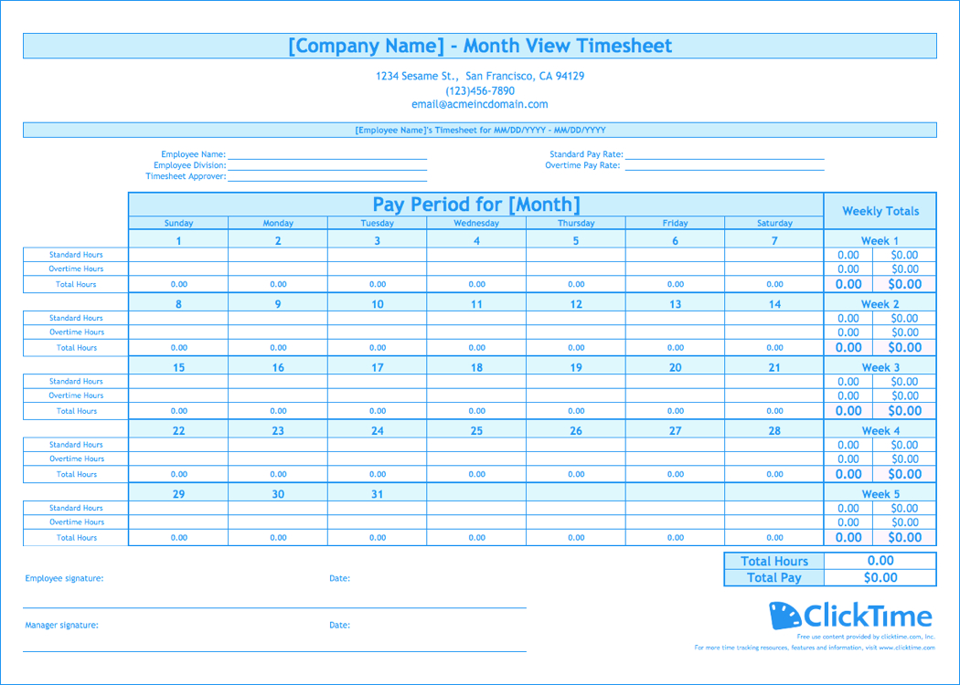 Excel Spreadsheet Template For Timesheet With Regard To Free Monthly Timesheet Template  Clicktime