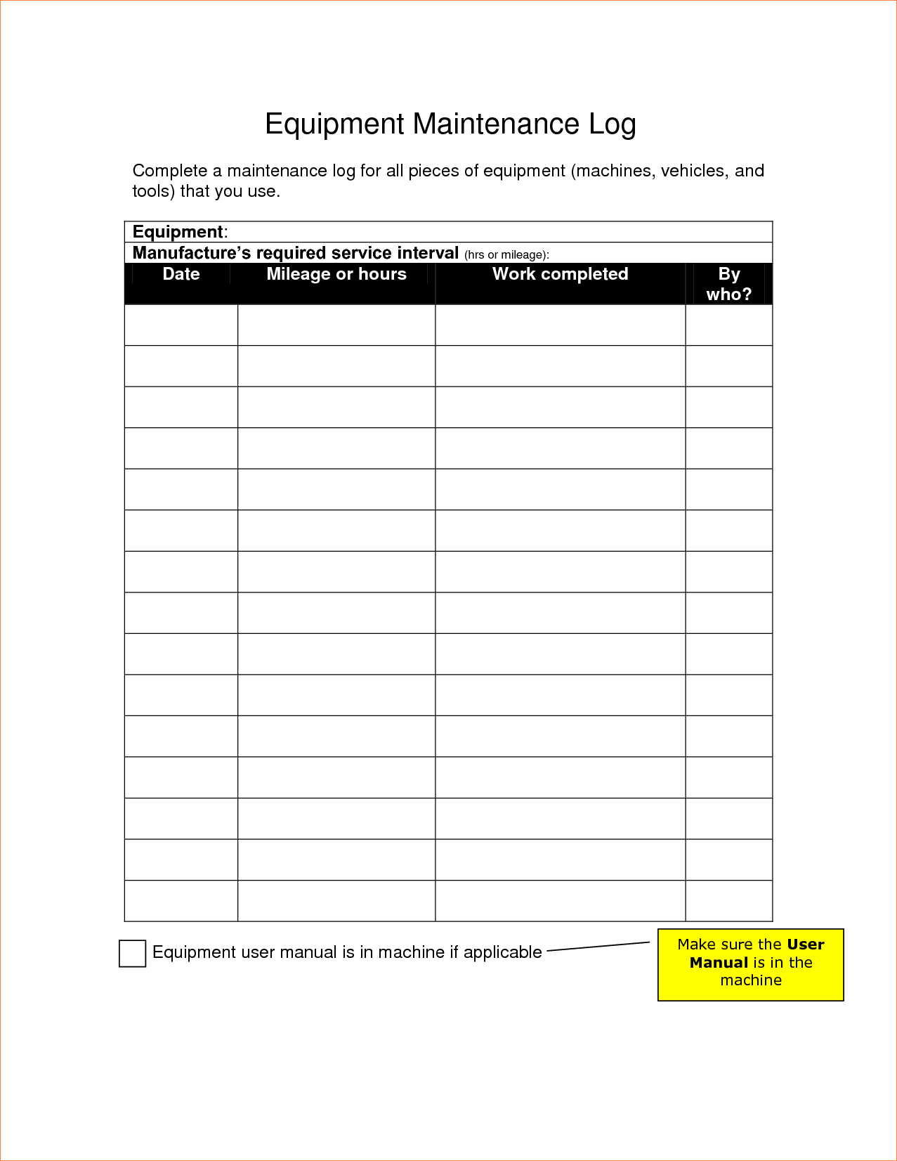 Printable Equipment Maintenance Log Template Excel