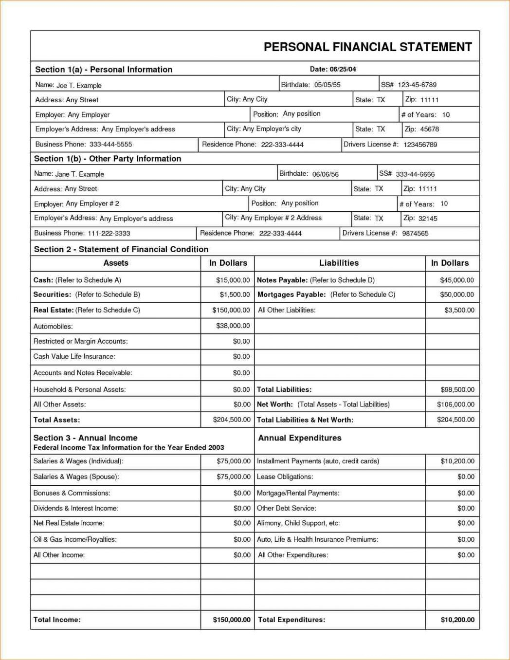 Financial Statement Spreadsheet for Personal Financial Statement