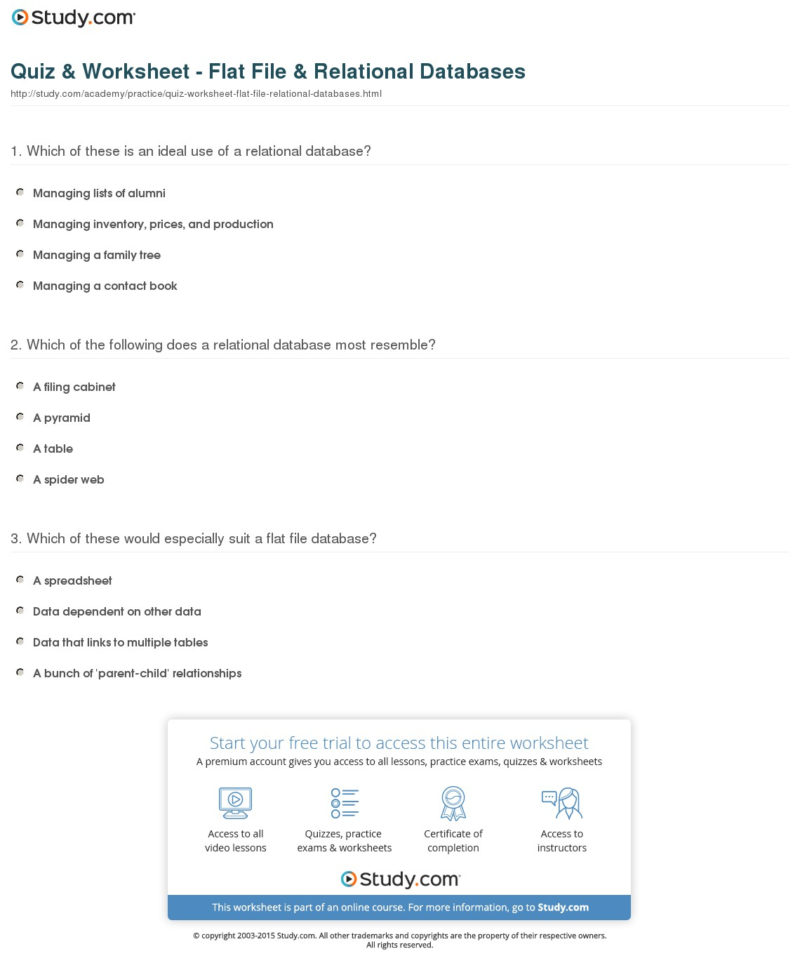 Flat File Database And Spreadsheets With Quiz  Worksheet  Flat File  Relational Databases  Study