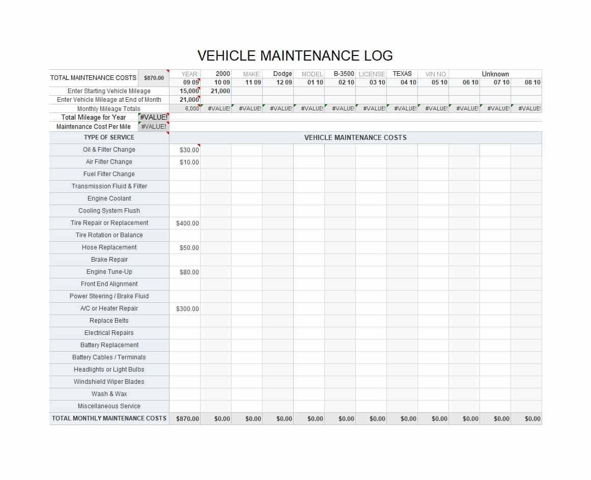 Fleet Vehicle Maintenance Spreadsheet with 40 Printable Vehicle