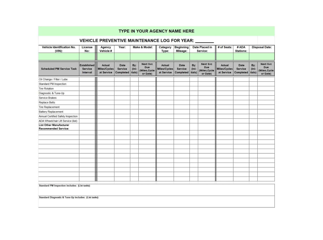 Fleet Vehicle Maintenance Spreadsheet With 40 Printable Vehicle Maintenance Log Templates