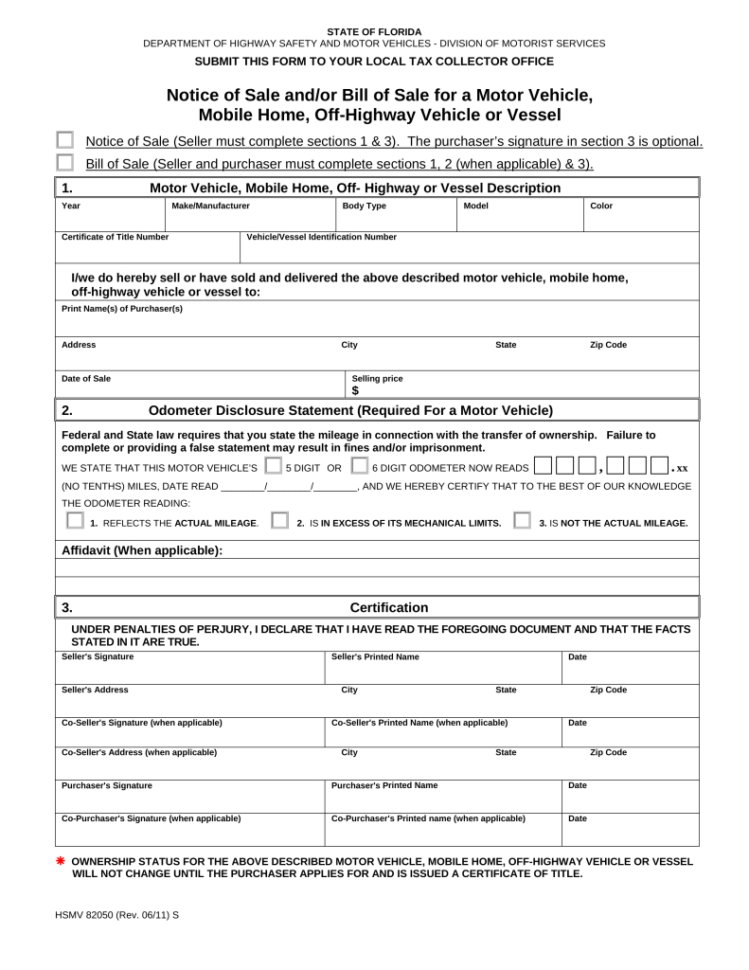 Florida Financial Affidavit Excel Spreadsheet Inside Bill Of Sale For Motor Vehicle Template Free Florida Forms Pdf