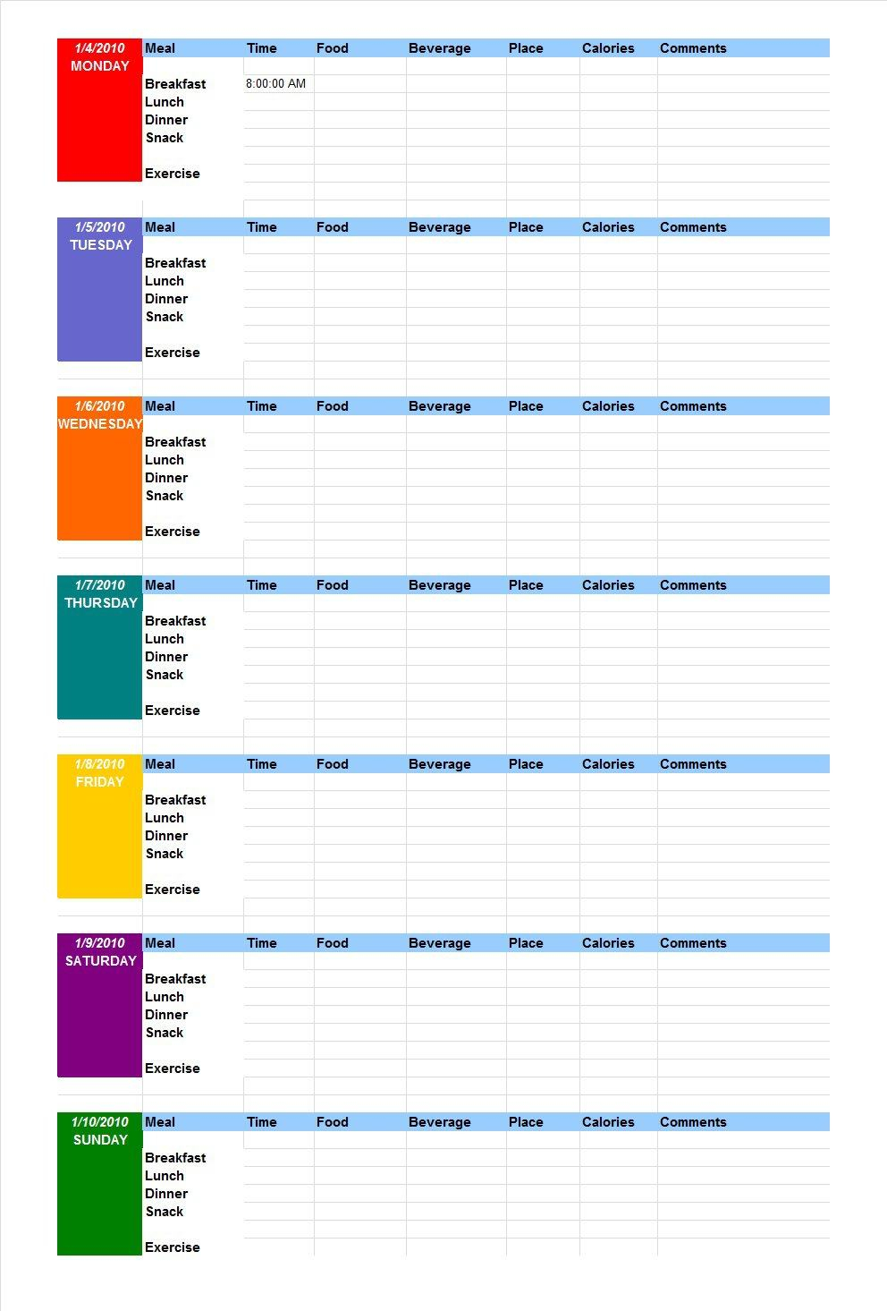 meal tracking spreadsheet