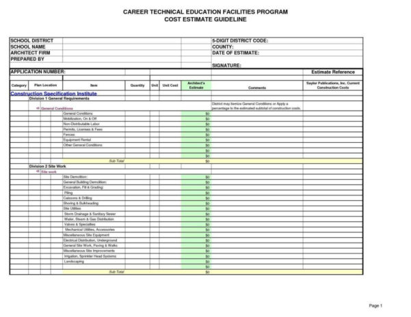 Free Construction Estimating Spreadsheet — Db 