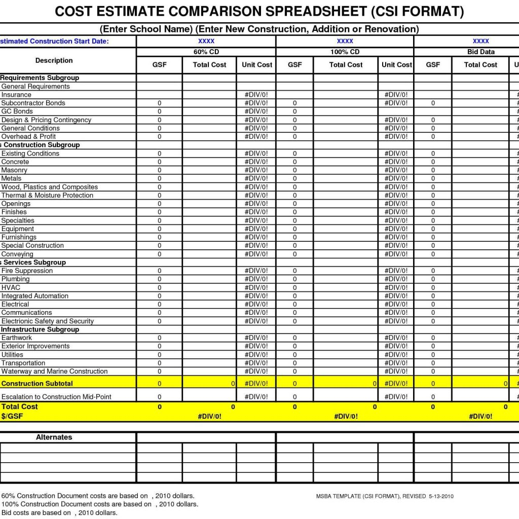 Free Construction Spreadsheet with Cost Estimate Comparison Spreadsheet  Free Download Cost Estimator