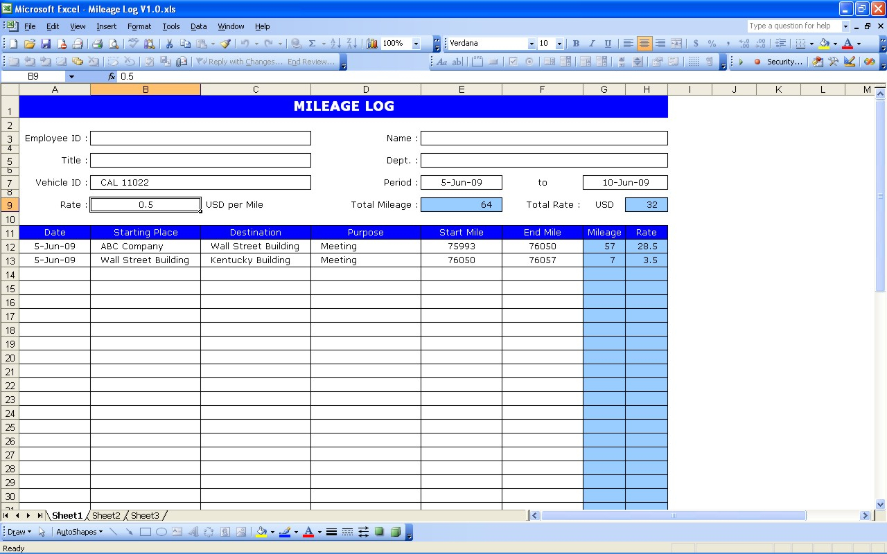 Free Mileage Log Spreadsheet With Free Mileage Log Template For Excel 2007 – 2016 – Template Wave