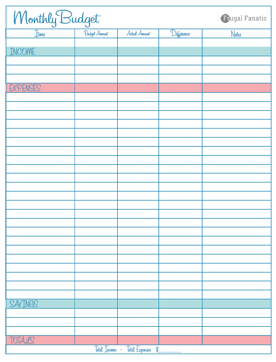 Free Personal Budget Spreadsheet In Blank Monthly Budget Worksheet  Frugal Fanatic