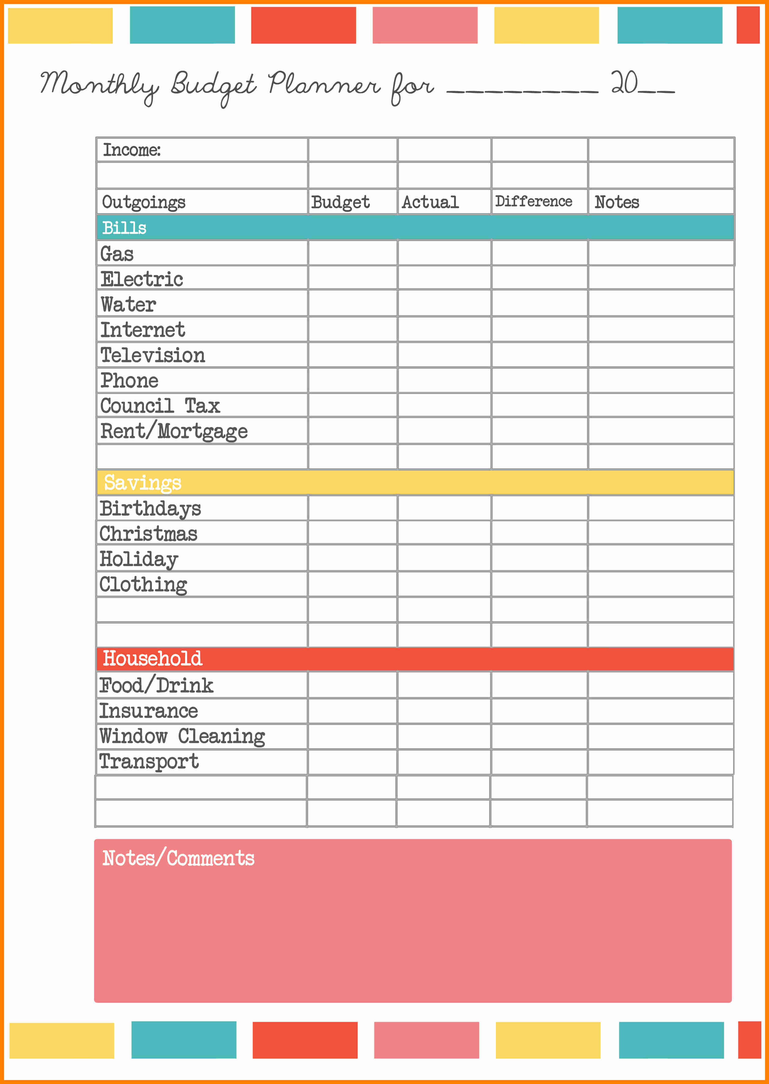 Free Printable Spreadsheet For Bills Pertaining To Printable Monthly Budget Planner Template Free Personal Invoice