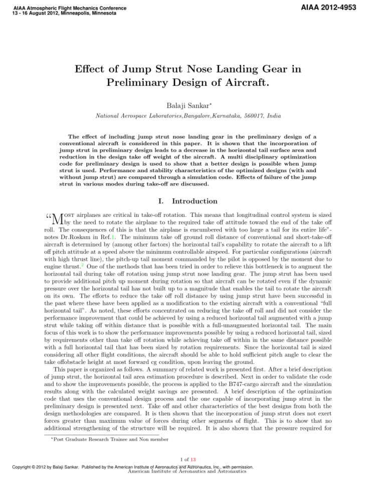 Gas Strut Calculation Spreadsheet In Pdf Effect Of Jump Strut Nose Landing Gear In Preliminary Design Of