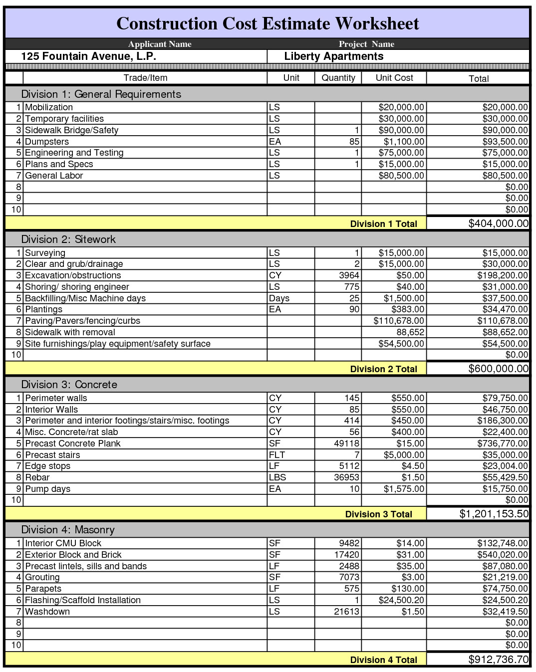 General Contractor Estimating Spreadsheet regarding Building