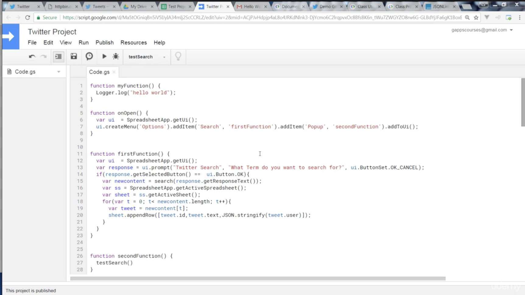 Google Spreadsheet Json Api Throughout Google Script Application Connecting To Twitter Api And More  Udemy