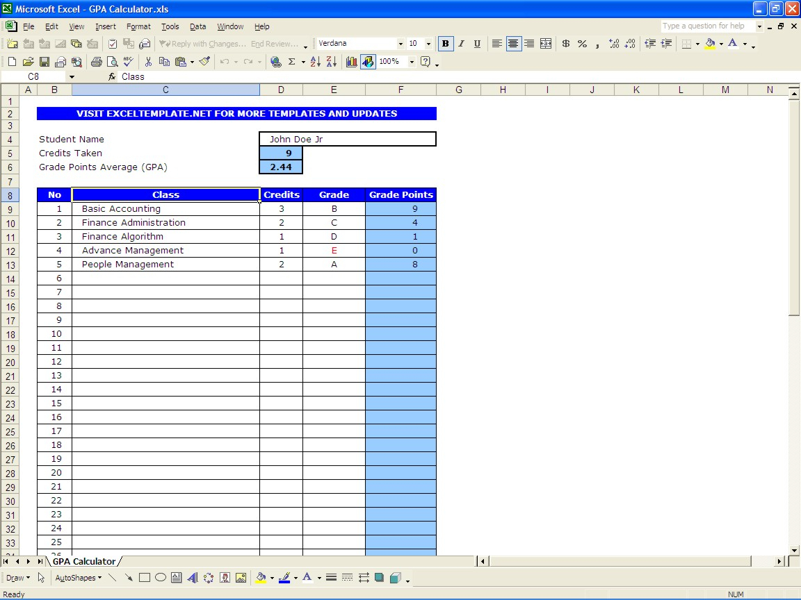 Gp Calculator Spreadsheet Throughout Gpa Calculator  Excel Templates