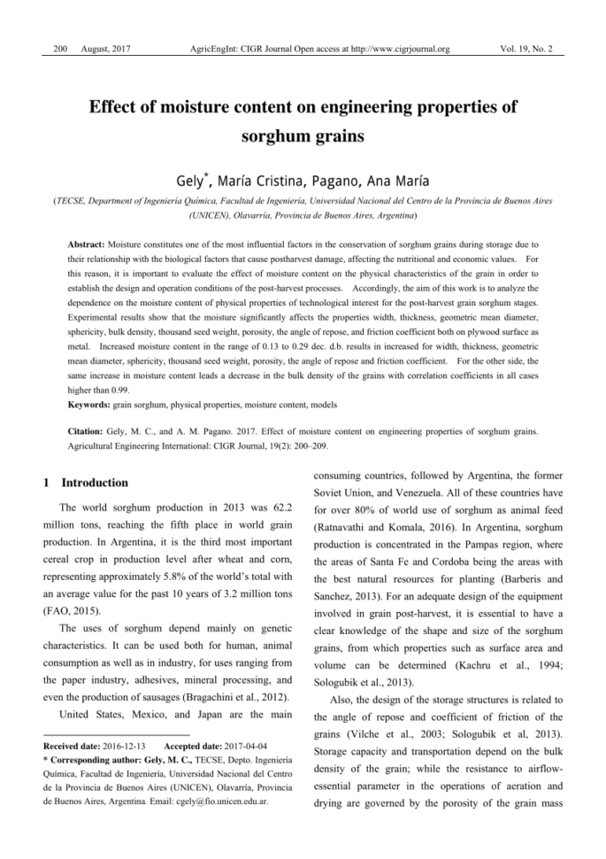 Grain Moisture Spreadsheet Within Pdf Effect Of Moisture Content On Engineering Properties Of Sorghum