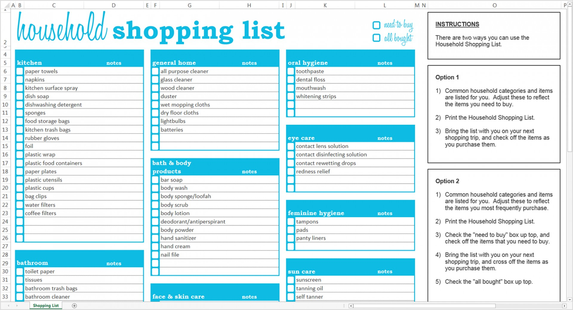 Grocery List Spreadsheet within 007 Household Shopping List Excel