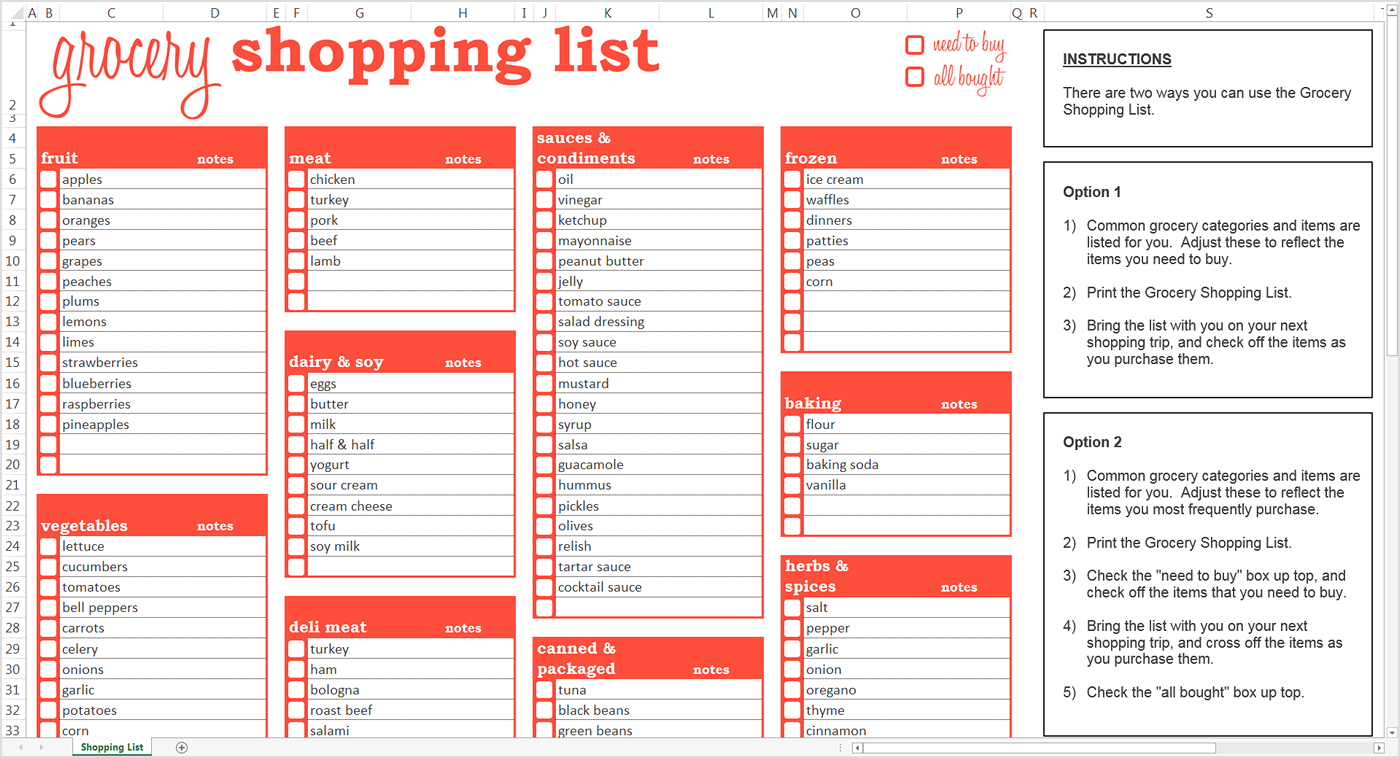 Excel Templates Grocery Shopping List