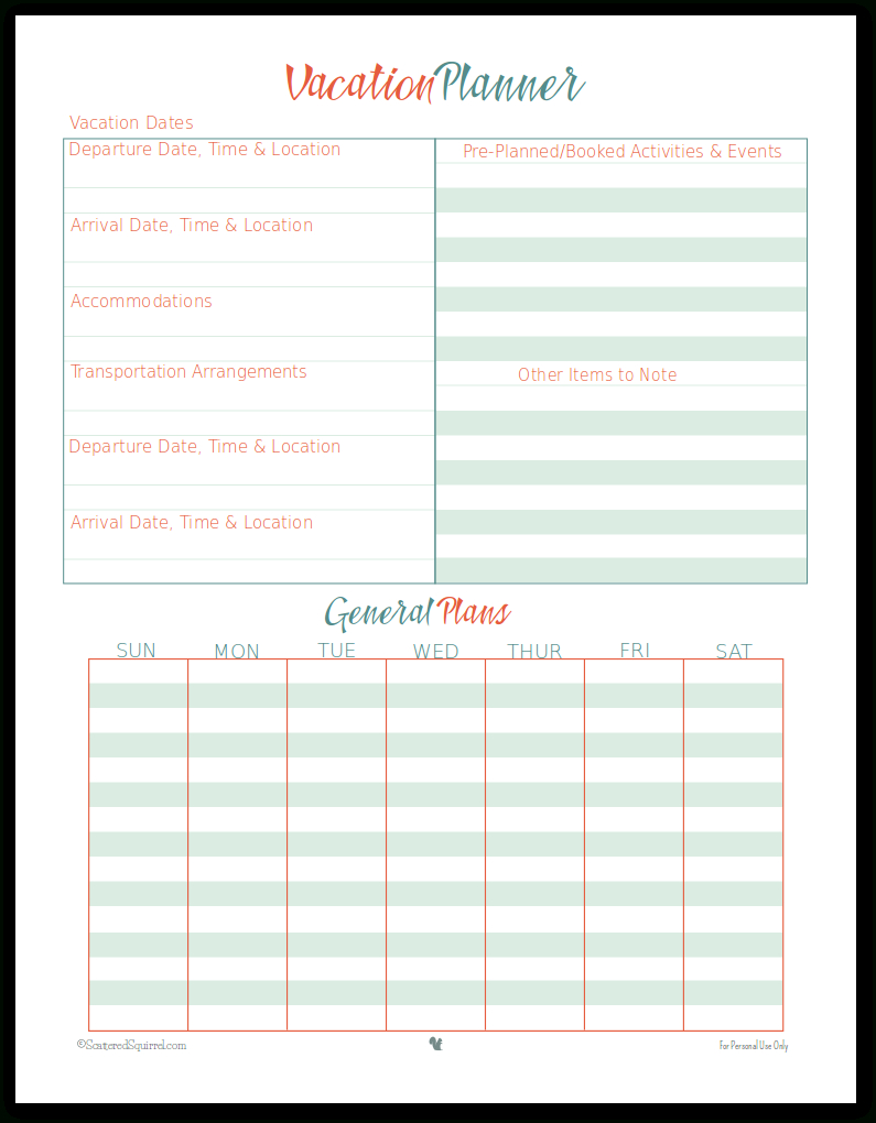 Holiday Planning Spreadsheet Regarding Vacation Planner Printables