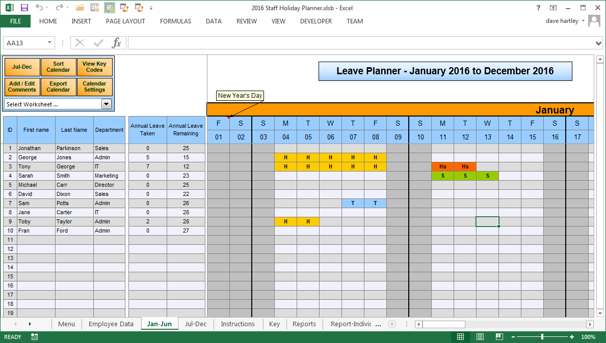 Holiday Planning Spreadsheet Within The Staff Leave Calendar. A Simple Excel Planner To Manage Staff