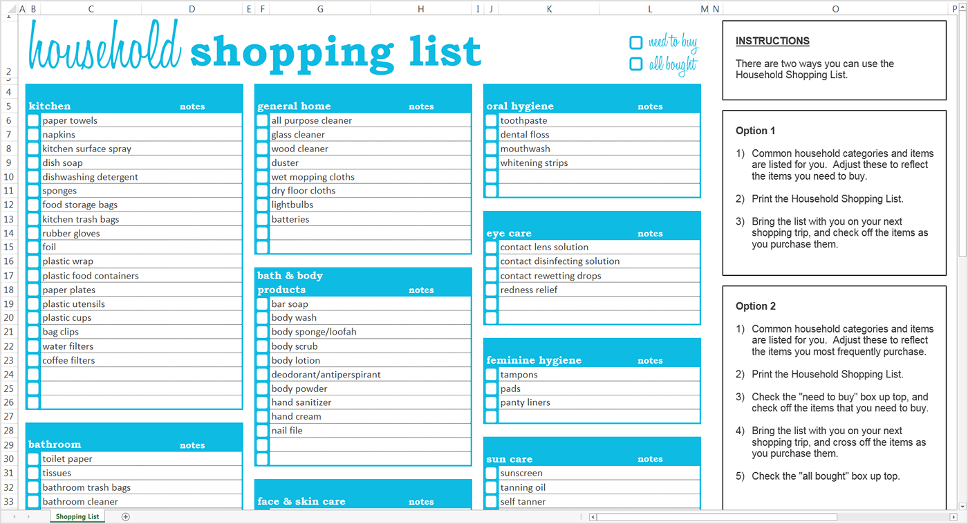 Home Buying Spreadsheet Template Inside Household Shopping List  Excel Template  Savvy Spreadsheets