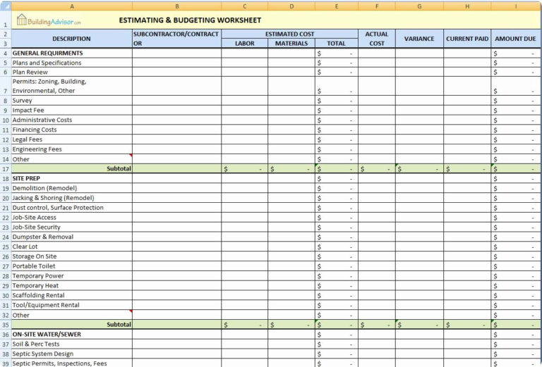 Home Construction Spreadsheet — db-excel.com