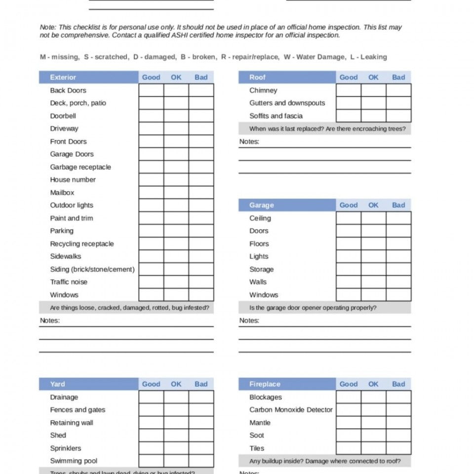 Home Inspection Checklist Spreadsheet pertaining to 013 Final Walk