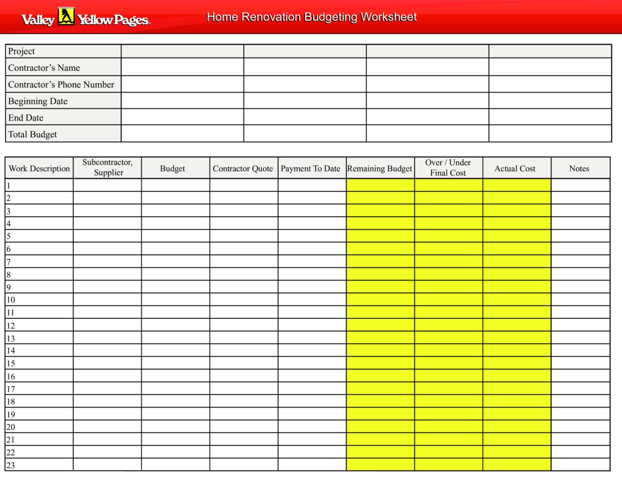 Home Renovation Spreadsheet Template Free