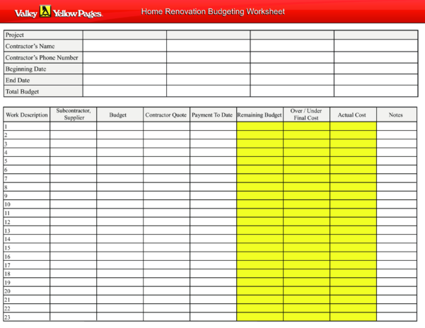 Home Renovation Budget Spreadsheet throughout Free Home Renovation ...