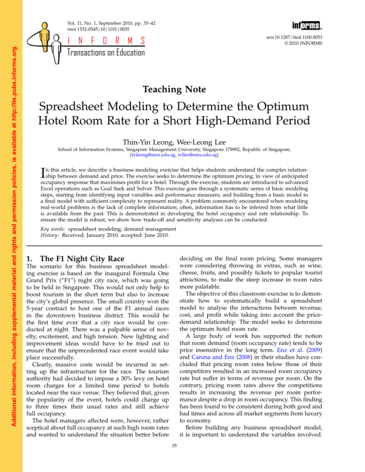 Hotel Room Occupancy Spreadsheet Inside Pdf Teaching Note —Spreadsheet Modeling To Determine The Optimum